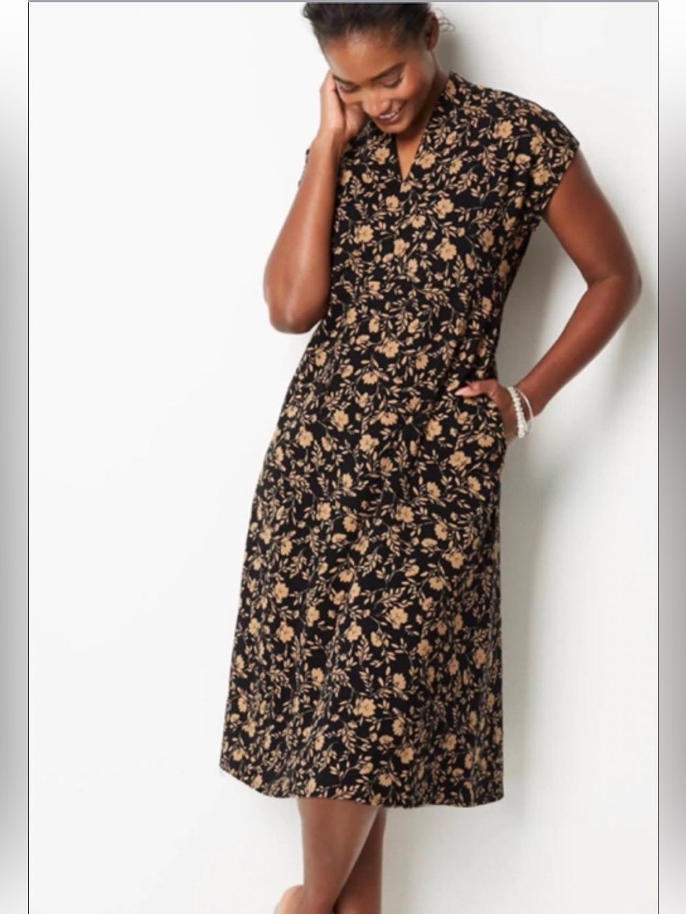 J Jill Black & Tan Floral Double Knit Jersey Midi Dress SZ XS